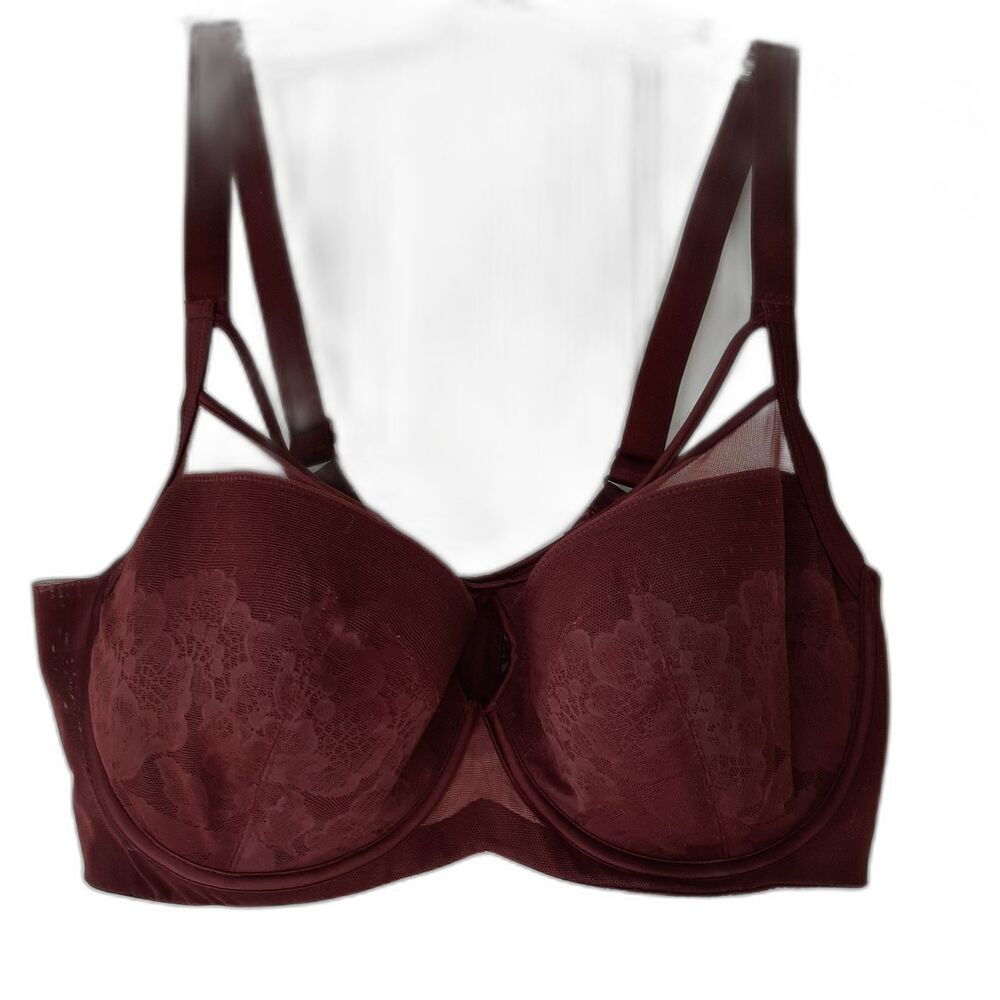 UNDERSTANCE Underwire Bra Floral Lace Cross Front Wine 34DDD Feminine Elegant - Picture 1 of 7